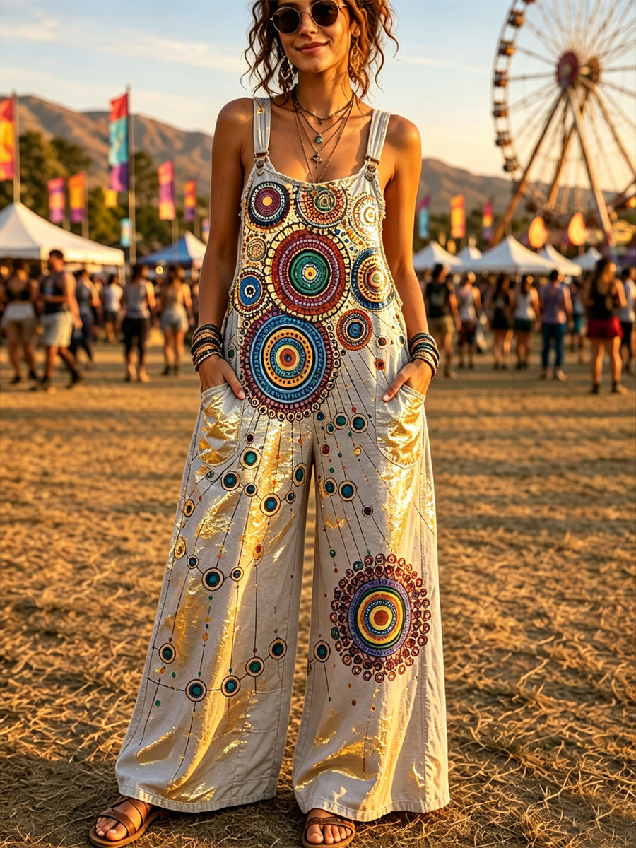 Women's Retro Style Art Print Washed Cotton Denim Patchwork Jumpsuit